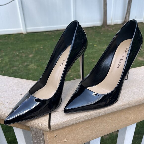 Tamara Mellon Black Patent Leather Pointy Toe 4” Stiletto Heels - Picture 1 of 6